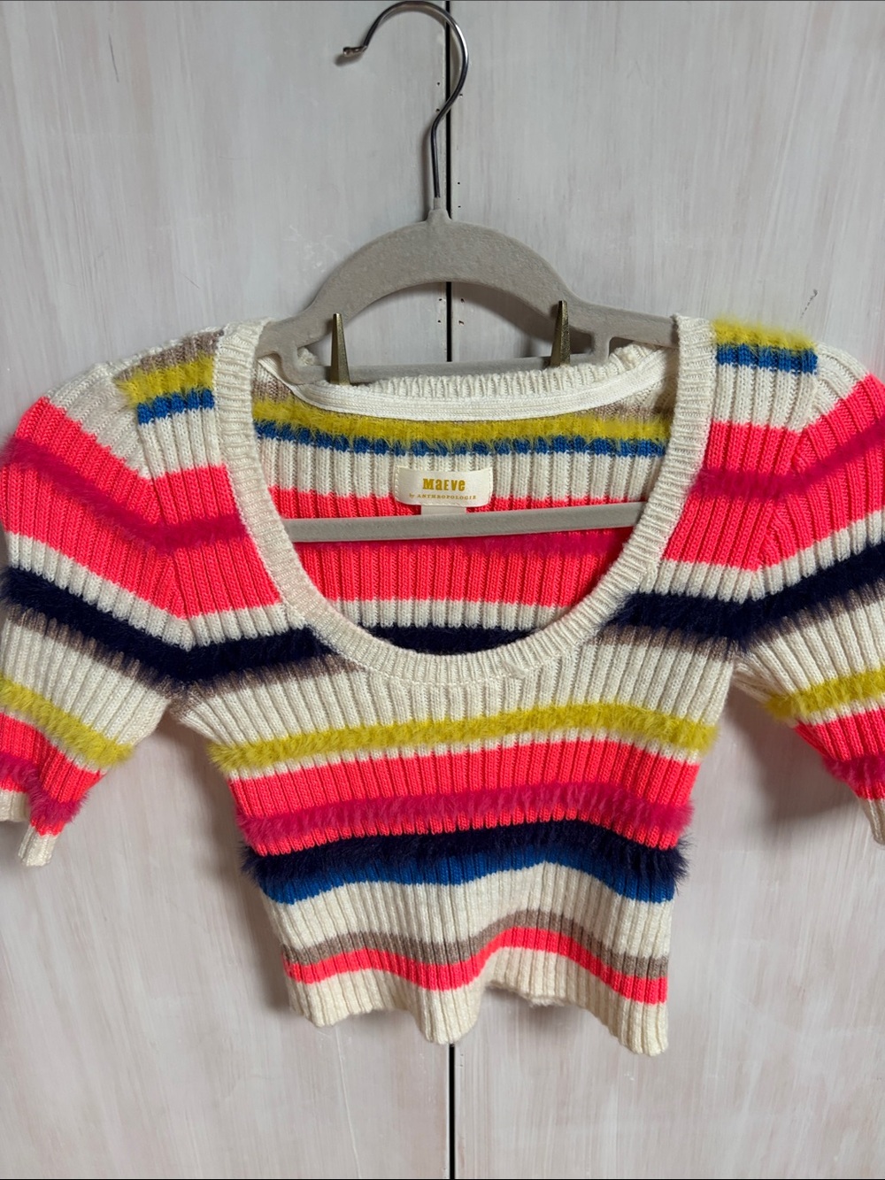 Maeve Striped Ribbed Scoop-Neck Sweater in Neon Pink, Cream & Navy